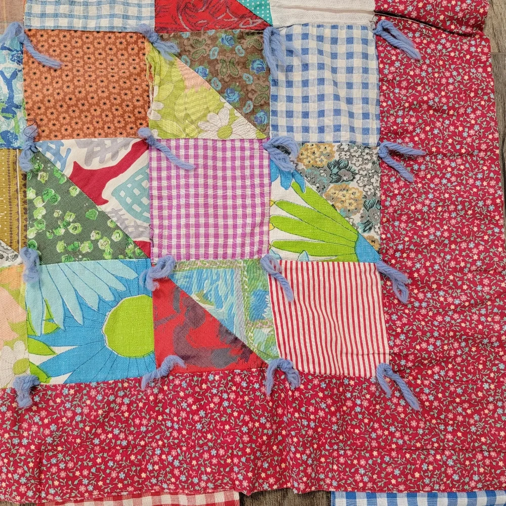 Patchwork Quilt Vintage HandMade Tied Pink Colorful Gingham Hand Applied Binding